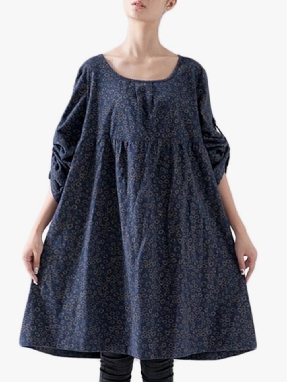 Mordenmiss One Size Cotton Tunic Dress Blue with Yellow Floral Print GUC